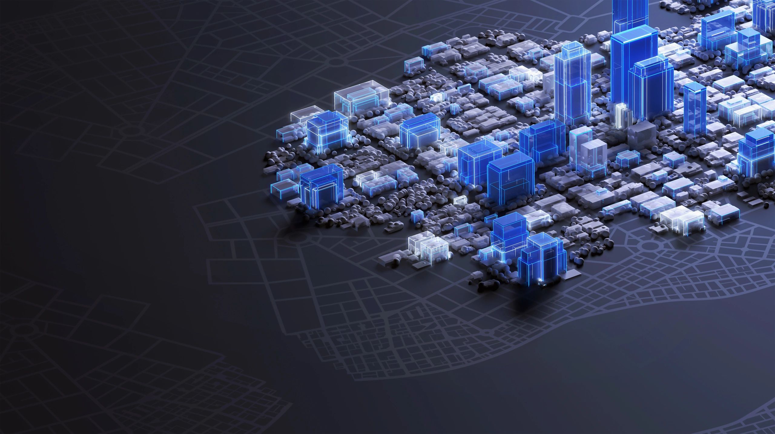 Abstract blue-lit technology city grid representing digital infrastructure and data security