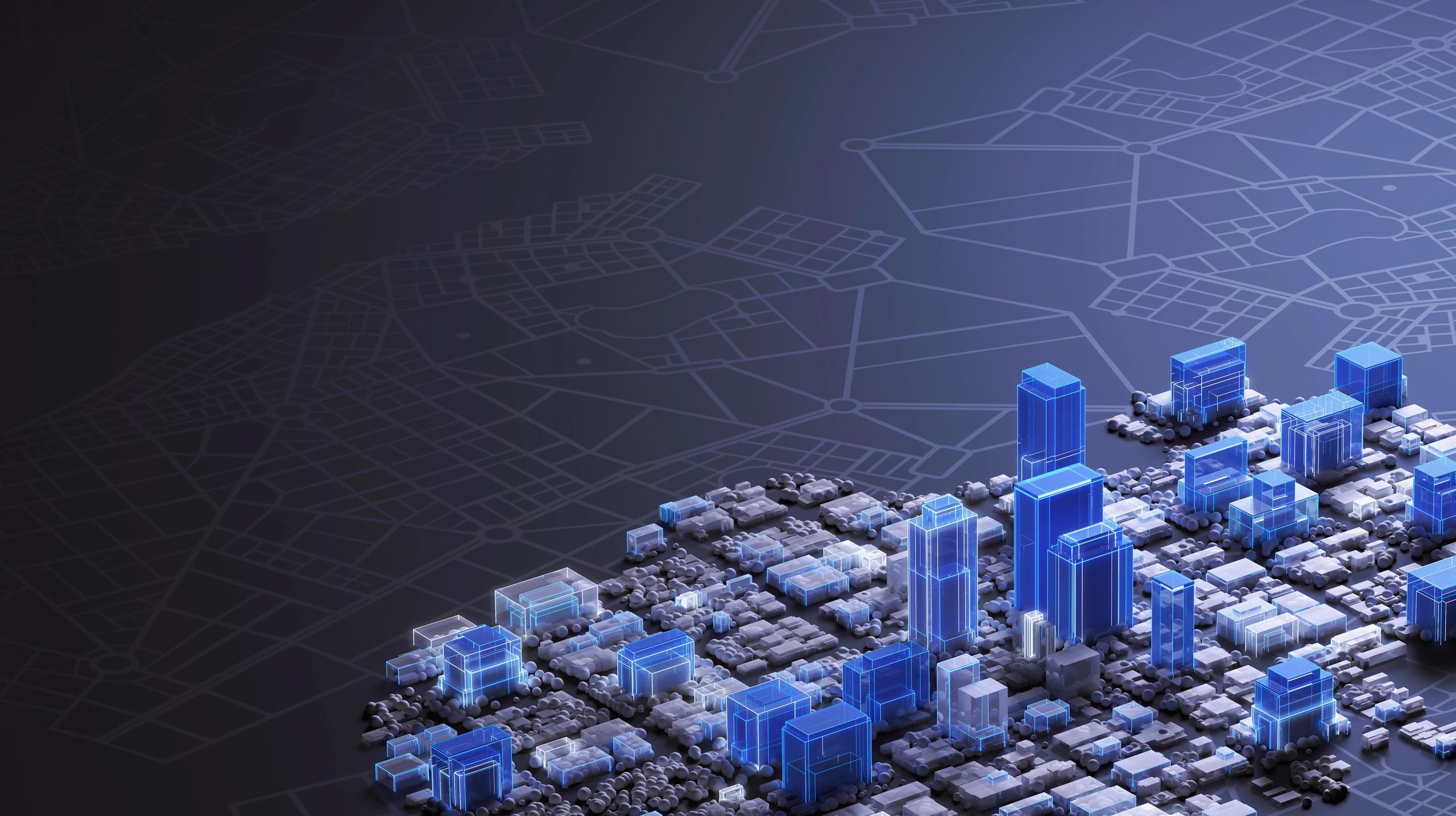 Dark abstract smart-city visualization suggesting secure data systems and network monitoring