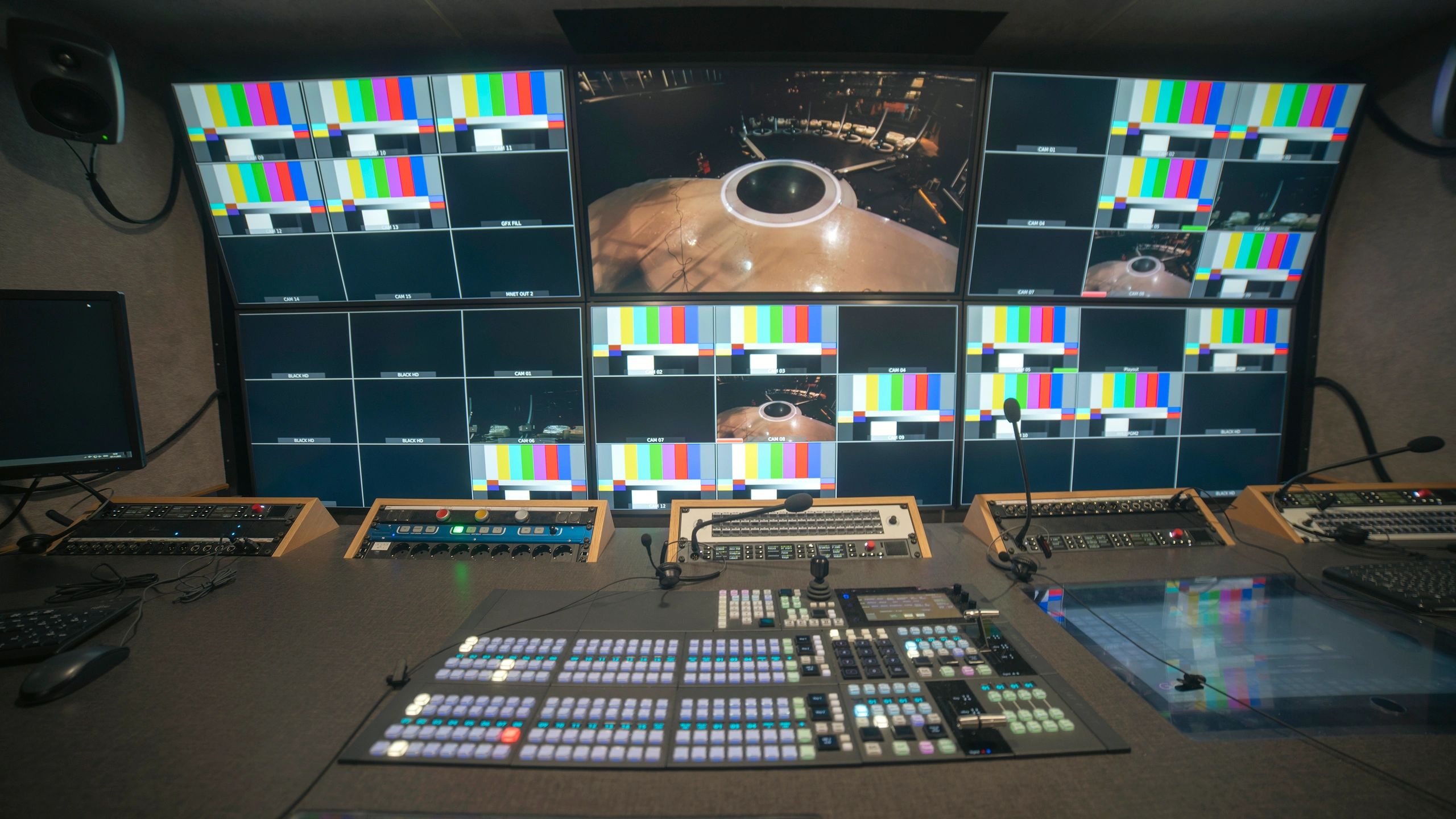 High-tech control room with multiview monitors and switching equipment