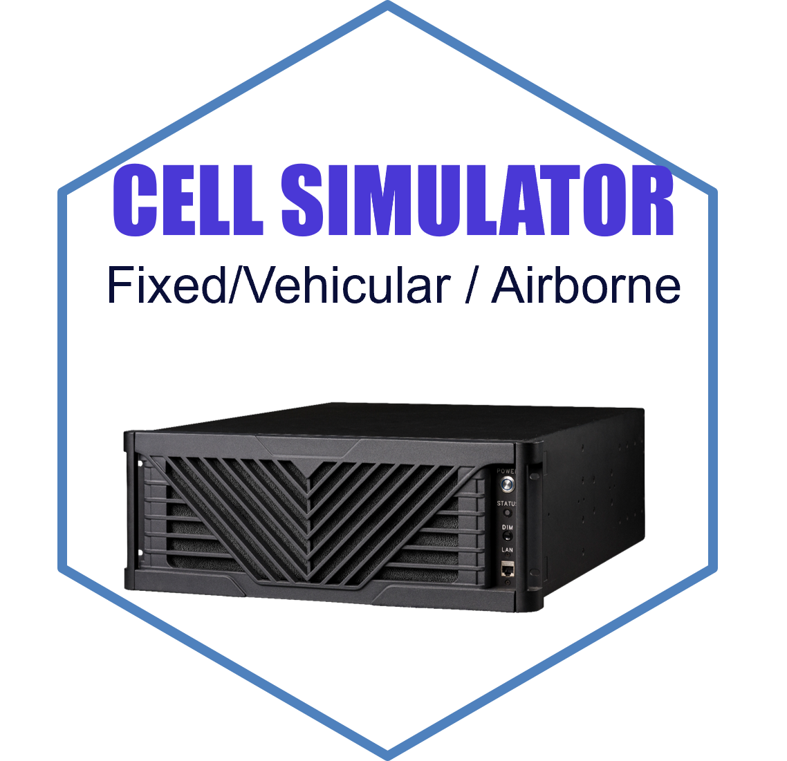 Cell simulator product graphic with server appliance and fixed, vehicular, airborne label