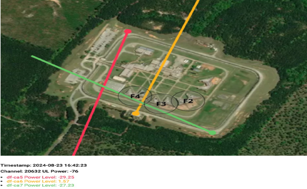Aerial site analysis image with facility map overlays and signal markers
